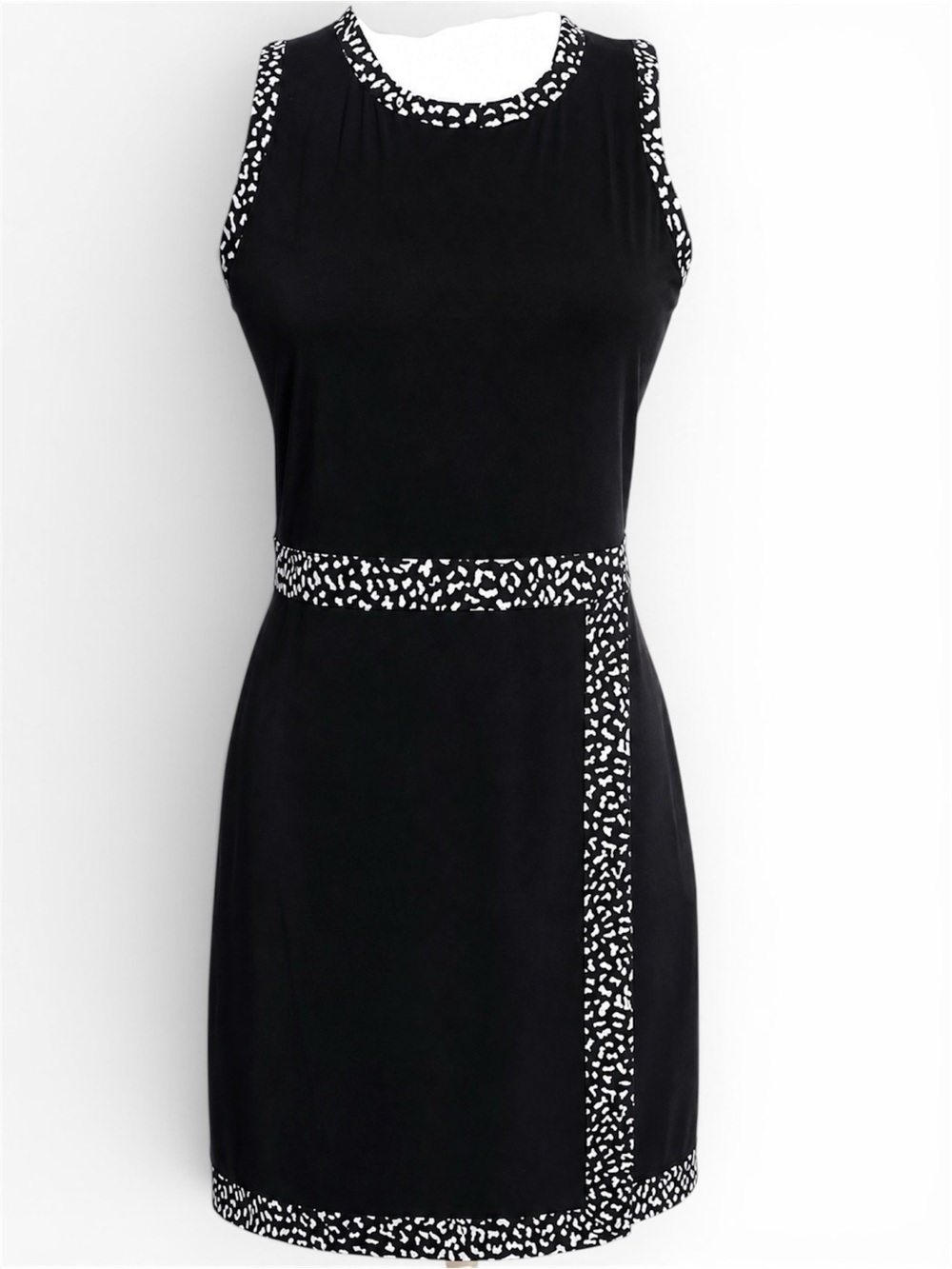 Michael Kors Black Faux Wrap Dress Animal Print Trim Sleeveless Midi Size Medium - Picture 2 of 10